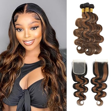 FB30 Brown Highlight 3 Bundles with Closure Human Hair 22 24 26+20 Inch, Ombre Honey Blonde Body Wave Bundles with 4x4 HD Transparent Lace Closure 10A Brazilian Remy Hair Color Black and Brown