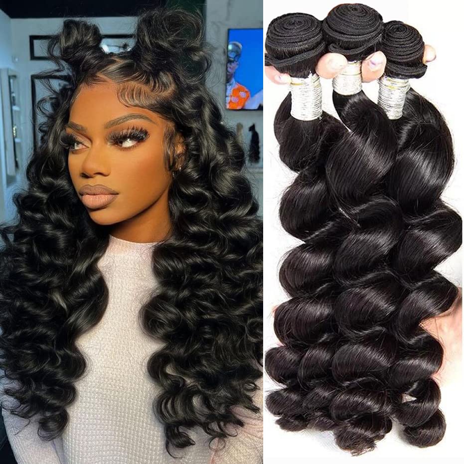 Loose Wave Bundles 12A Brazilian Human Hair Loose Wave Bundles 100% Unprocessed Brazilian Virgin Hair Loose Deep Wave Human Hair Bundles Natural Black Weave Hair Extensions