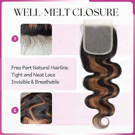 FB30 Brown Highlight 3 Bundles with Closure Human Hair 22 24 26+20 Inch, Ombre Honey Blonde Body Wave Bundles with 4x4 HD Transparent Lace Closure 10A Brazilian Remy Hair Color Black and Brown