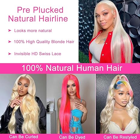 613 Blonde Lace Front Wig Human Hair 30 Inch 13x4 HD Transparnet Straight Glueless Wigs Human Hair Pre Plucked 613 Lace Frontal Wig 180% Density Bleached Knots Human Hair Wigs