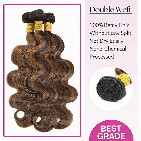 FB30 Brown Highlight 3 Bundles with Closure Human Hair 22 24 26+20 Inch, Ombre Honey Blonde Body Wave Bundles with 4x4 HD Transparent Lace Closure 10A Brazilian Remy Hair Color Black and Brown