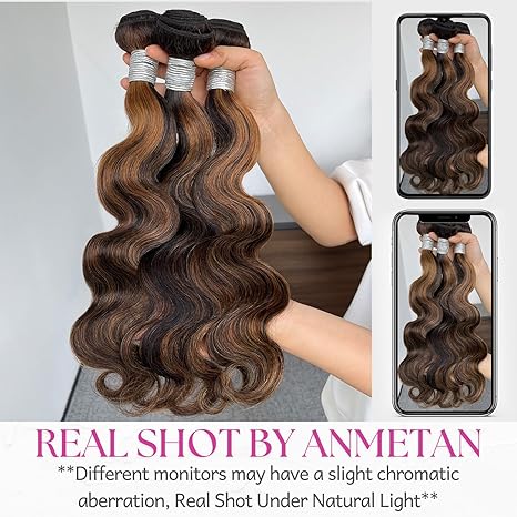 FB30 Brown Highlight 3 Bundles with Closure Human Hair 22 24 26+20 Inch, Ombre Honey Blonde Body Wave Bundles with 4x4 HD Transparent Lace Closure 10A Brazilian Remy Hair Color Black and Brown