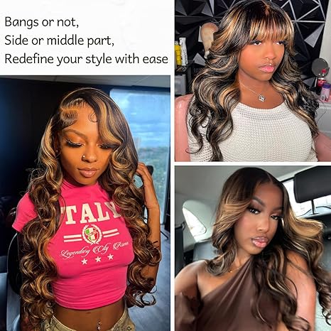 FB30 Brown Highlight 3 Bundles with Closure Human Hair 22 24 26+20 Inch, Ombre Honey Blonde Body Wave Bundles with 4x4 HD Transparent Lace Closure 10A Brazilian Remy Hair Color Black and Brown