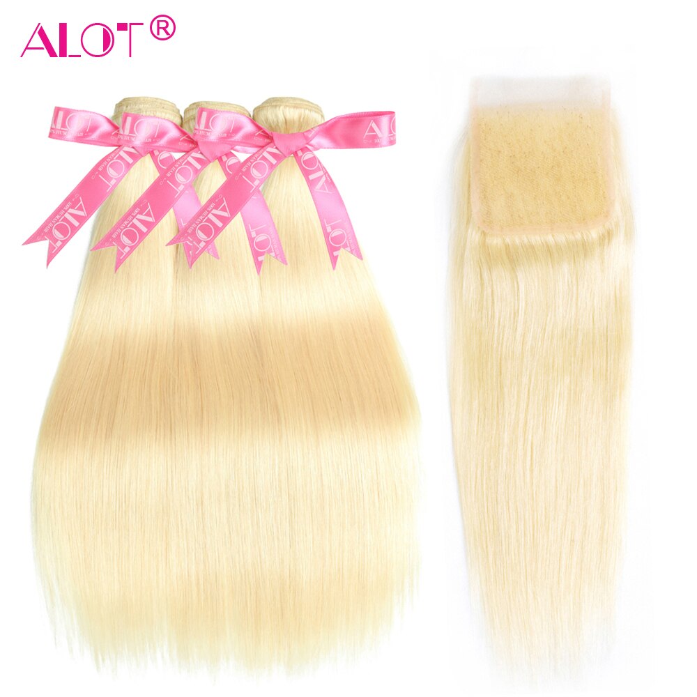 613 Blonde Brazilian Straight Double Weft Remy Human Hair  Bundles With HD Lace Closure