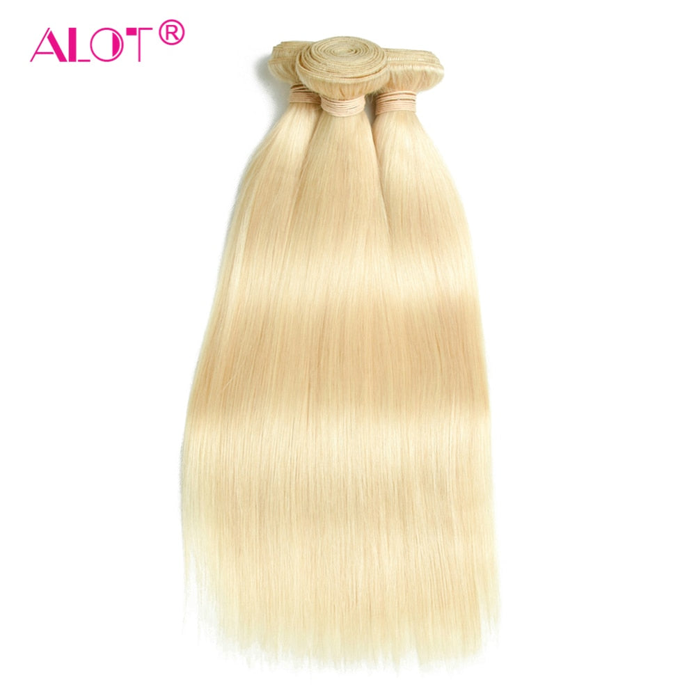 613 Blonde Brazilian Straight Double Weft Remy Human Hair  Bundles With HD Lace Closure