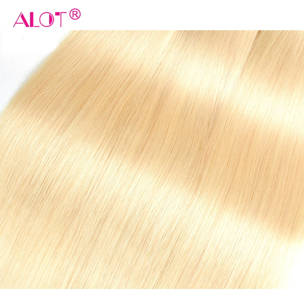 613 Blonde Brazilian Straight Double Weft Remy Human Hair  Bundles With HD Lace Closure