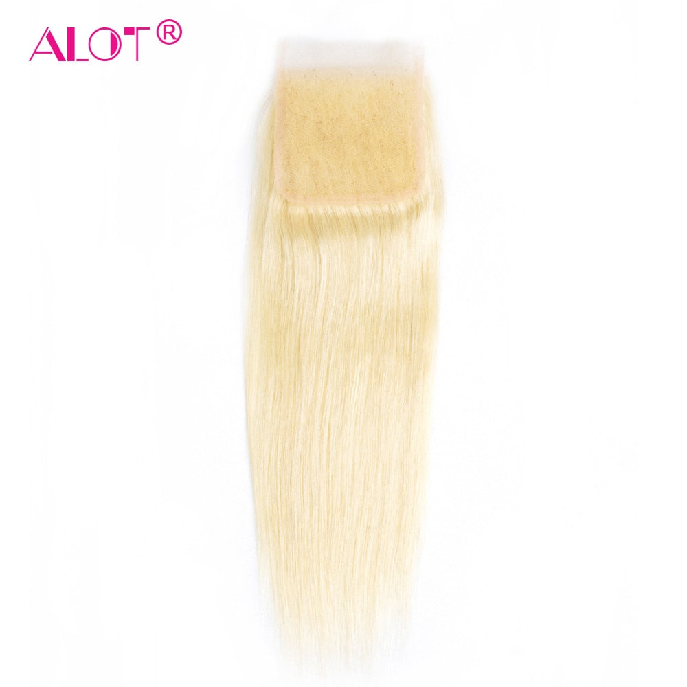 613 Blonde Brazilian Straight Double Weft Remy Human Hair  Bundles With HD Lace Closure