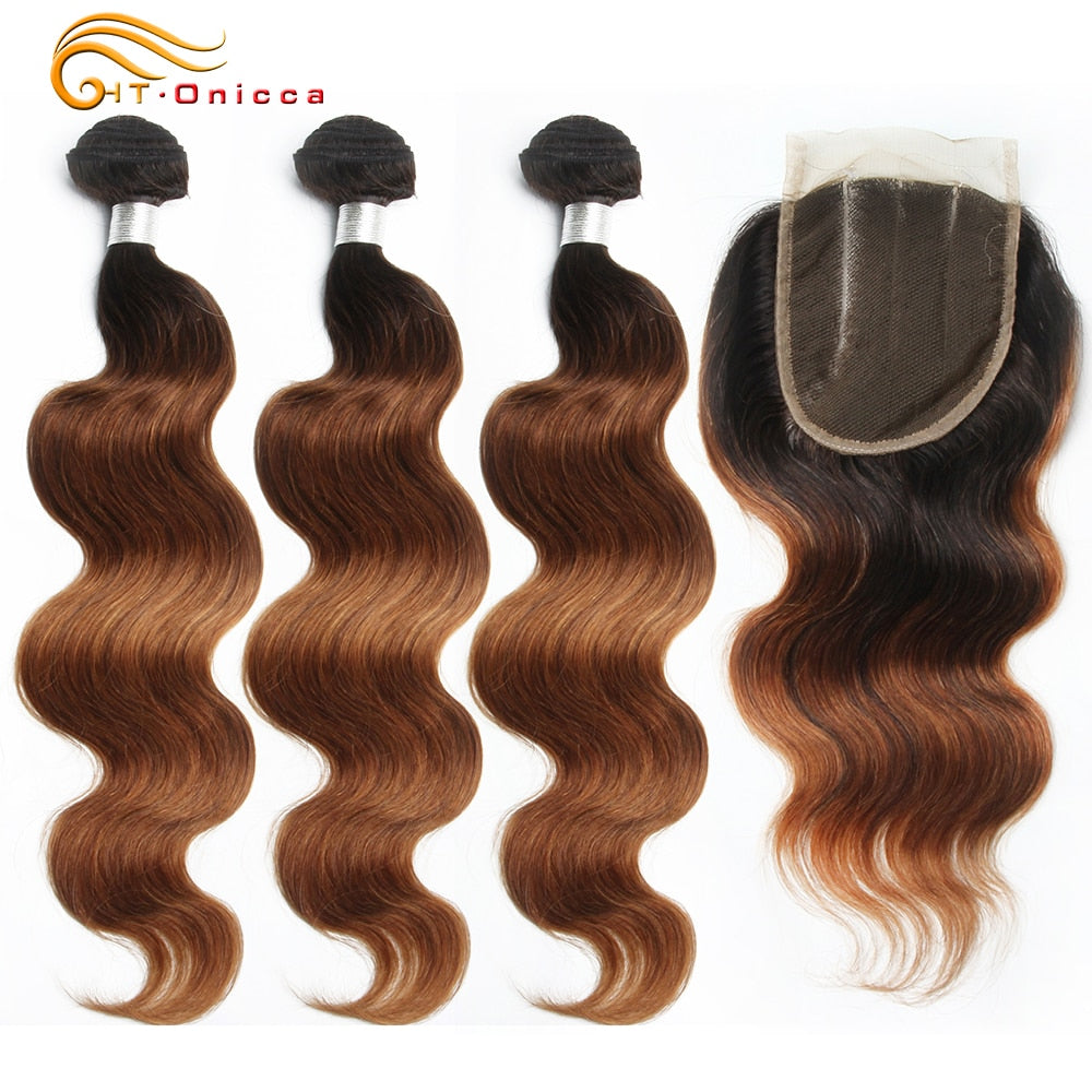 Ombre Brazilian Body Wave Human Hair Bundles With Closure