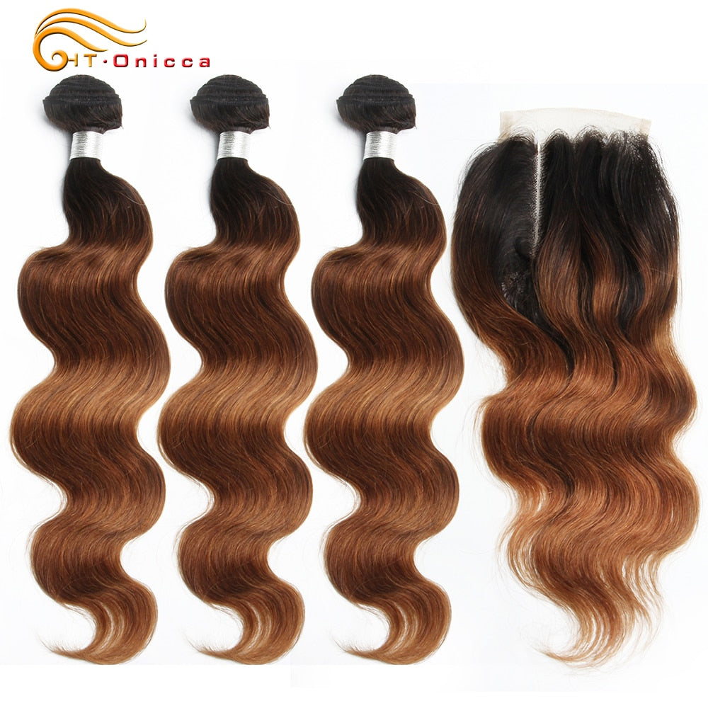 Ombre Brazilian Body Wave Human Hair Bundles With Closure