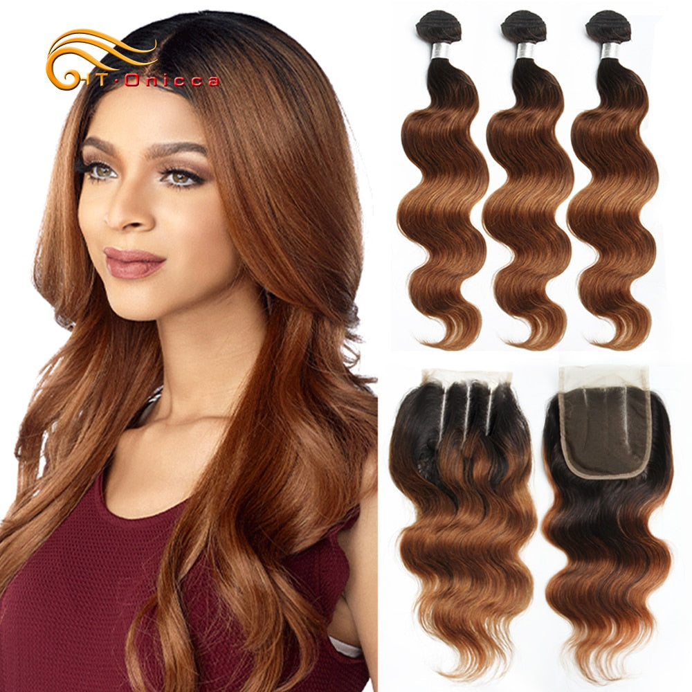 Ombre Brazilian Body Wave Human Hair Bundles With Closure