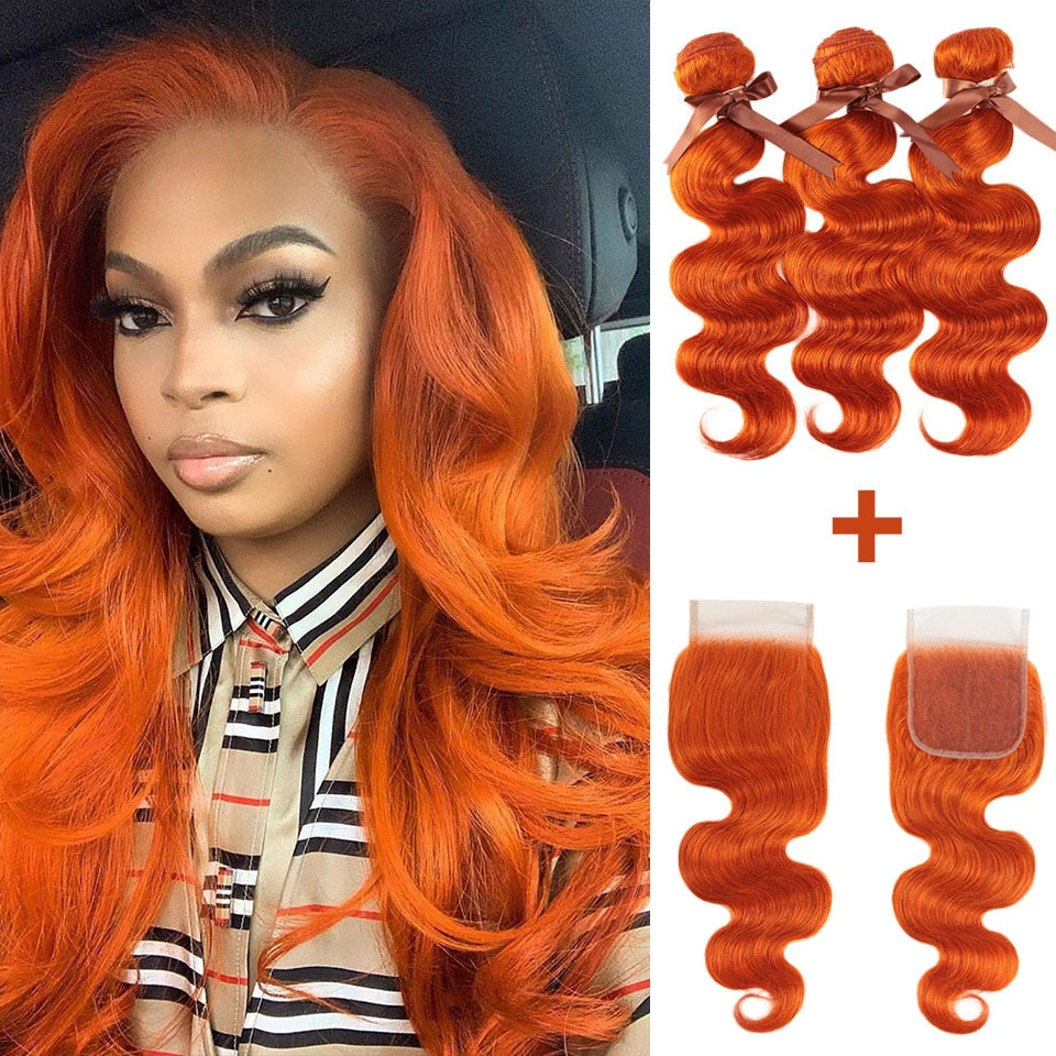 Blonde Orange Brazilian Body Wave Remy Human Hair Bundles With Closure