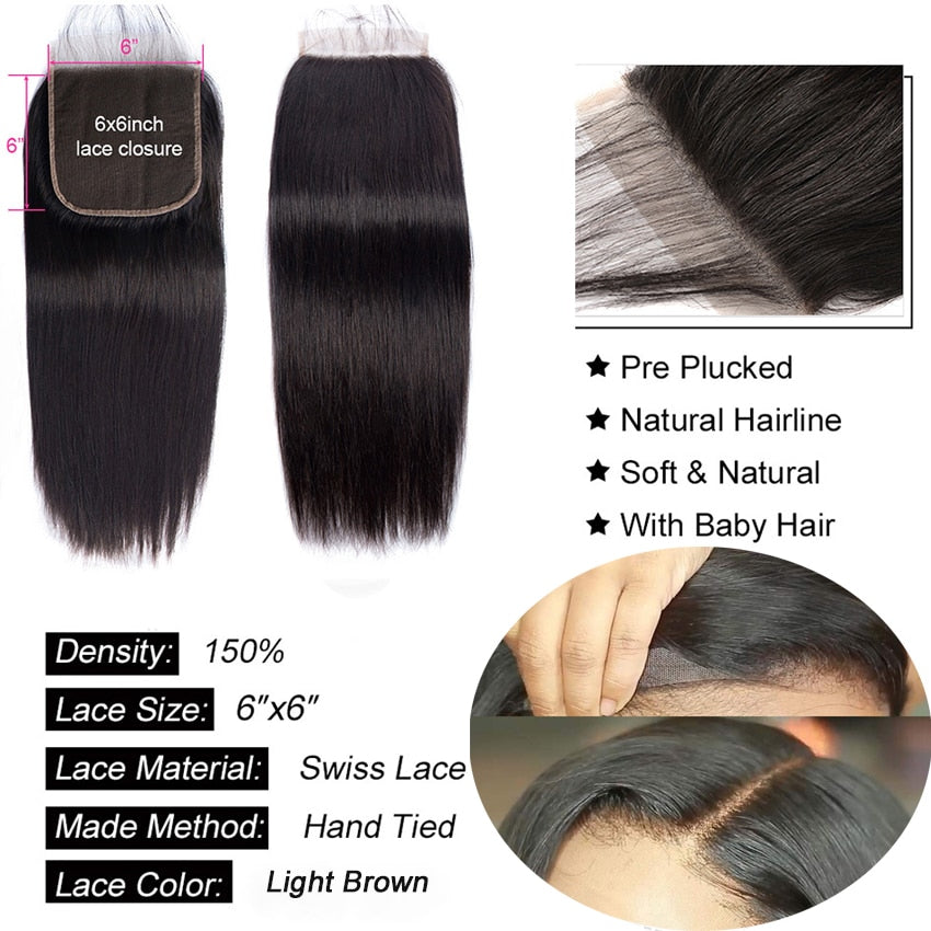 613 Peruvian Straight Remy 100% Human Hair Pre Plucked 2x6 6x6 5x5 4x4 Lace Closure 18-20 Inch