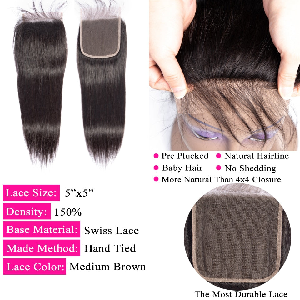 613 Peruvian Straight Remy 100% Human Hair Pre Plucked 2x6 6x6 5x5 4x4 Lace Closure 18-20 Inch