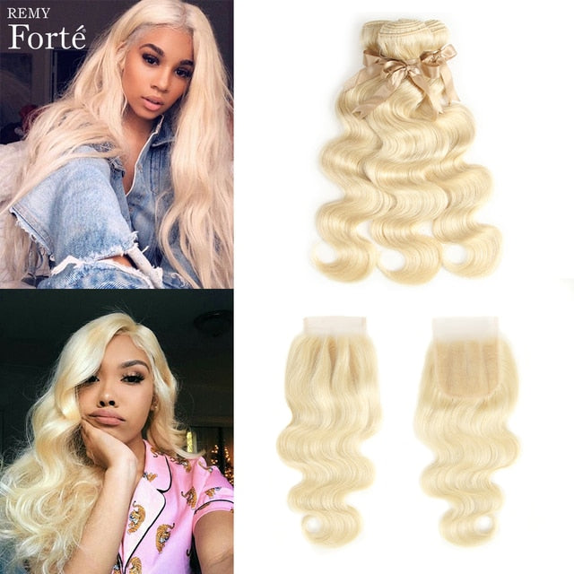 Blonde Orange Brazilian Body Wave Remy Human Hair Bundles With Closure