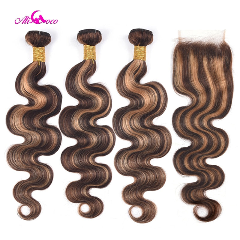 Highlight Brazilian Body Wave Ombre Remy Human Hair 5x5 Closure Bundles