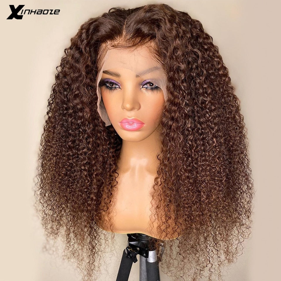 Dark Brown Brazilian Kinky Curly Remy Human Hair 13x4 Full Lace Frontal Wigs 180% Density