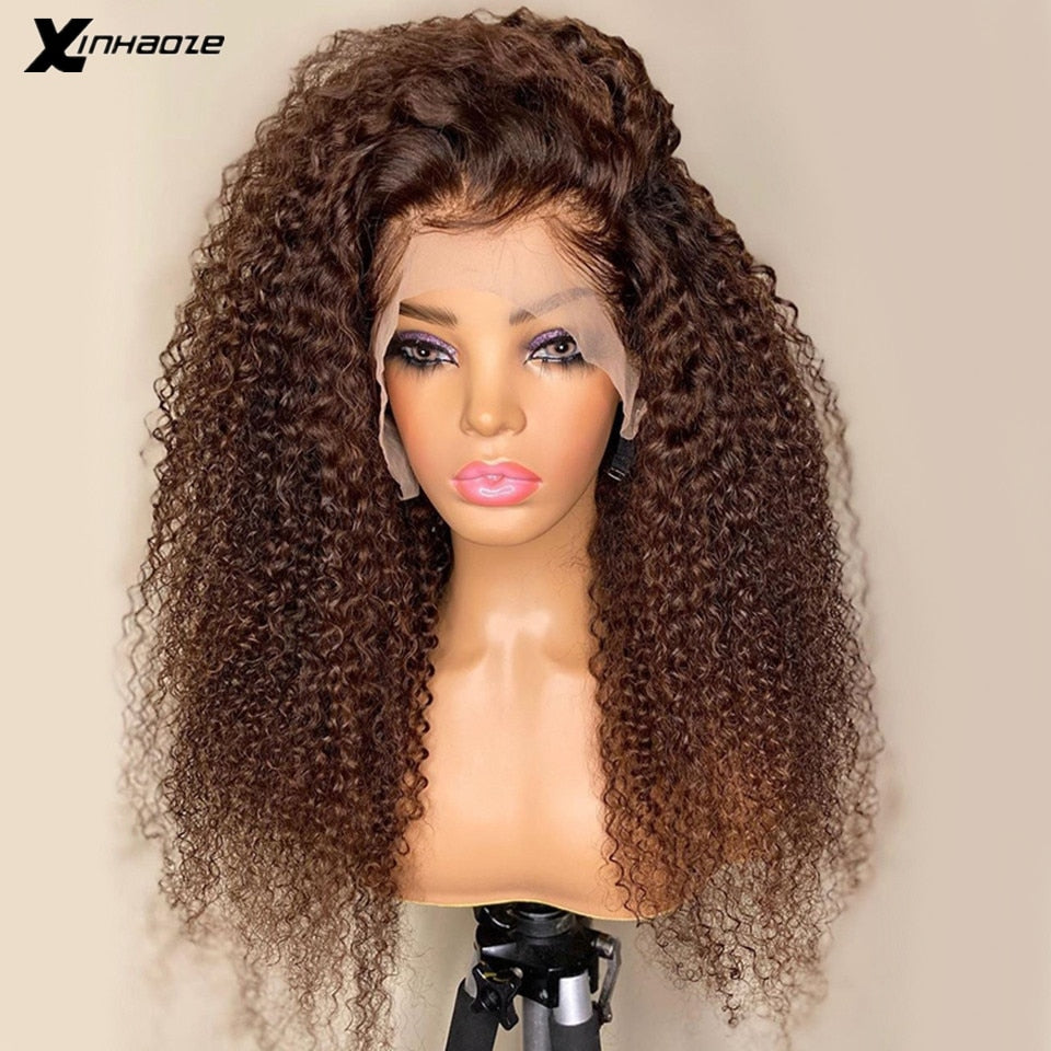 Dark Brown Brazilian Kinky Curly Remy Human Hair 13x4 Full Lace Frontal Wigs 180% Density