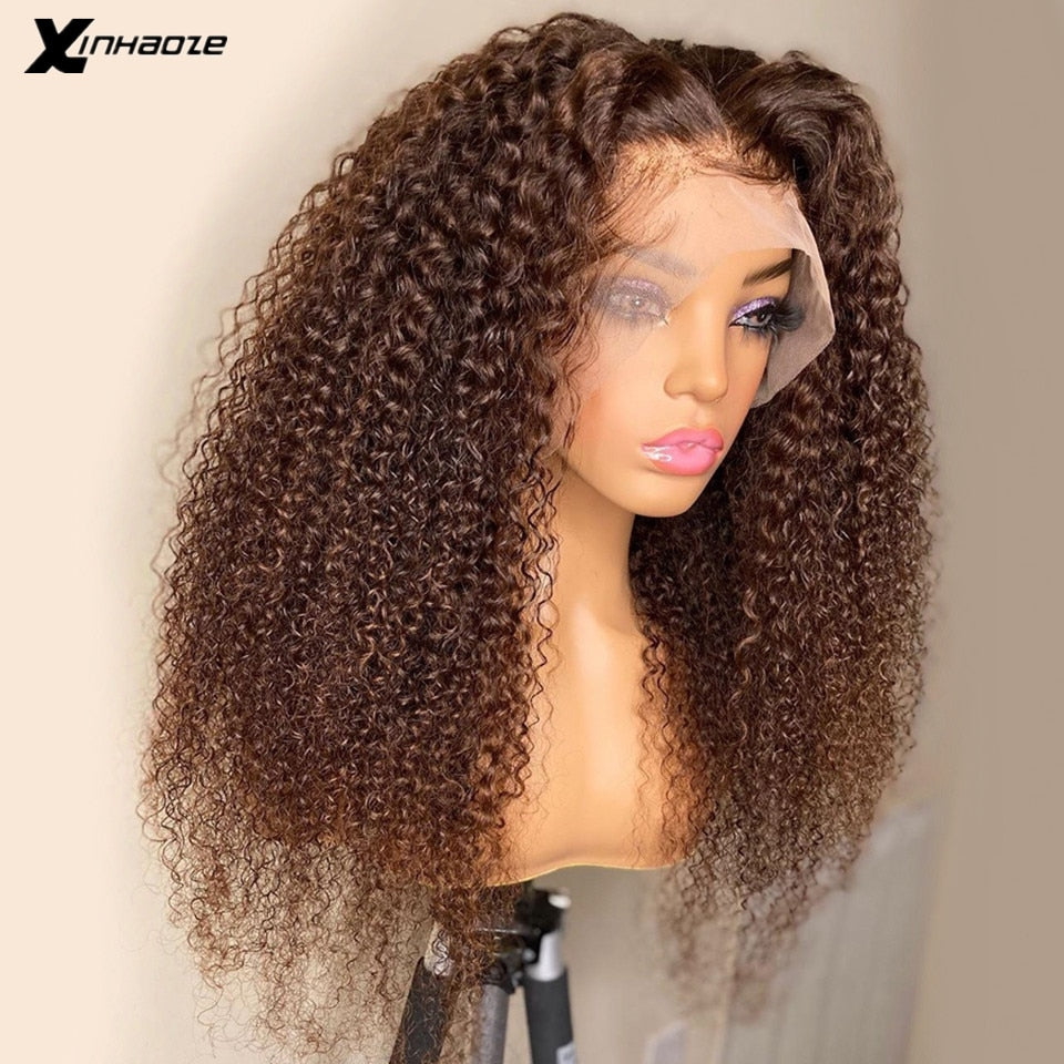 Dark Brown Brazilian Kinky Curly Remy Human Hair 13x4 Full Lace Frontal Wigs 180% Density