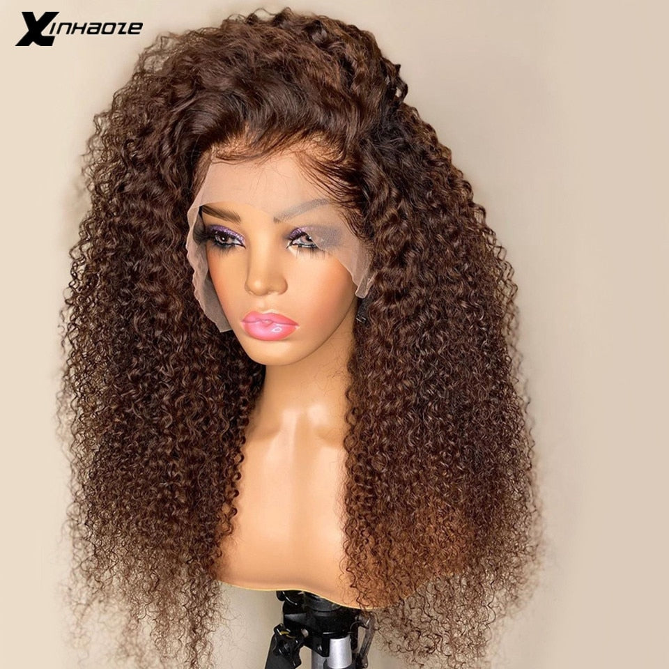 Dark Brown Brazilian Kinky Curly Remy Human Hair 13x4 Full Lace Frontal Wigs 180% Density