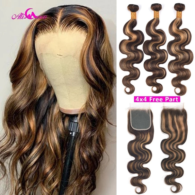 Highlight Brazilian Body Wave Ombre Remy Human Hair 5x5 Closure Bundles