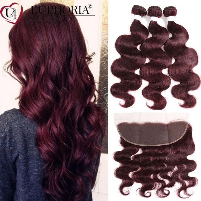 Burgundy Brazilian Body Wave Remy Human Hair Bundles With 13x4 Lace Frontal Closure