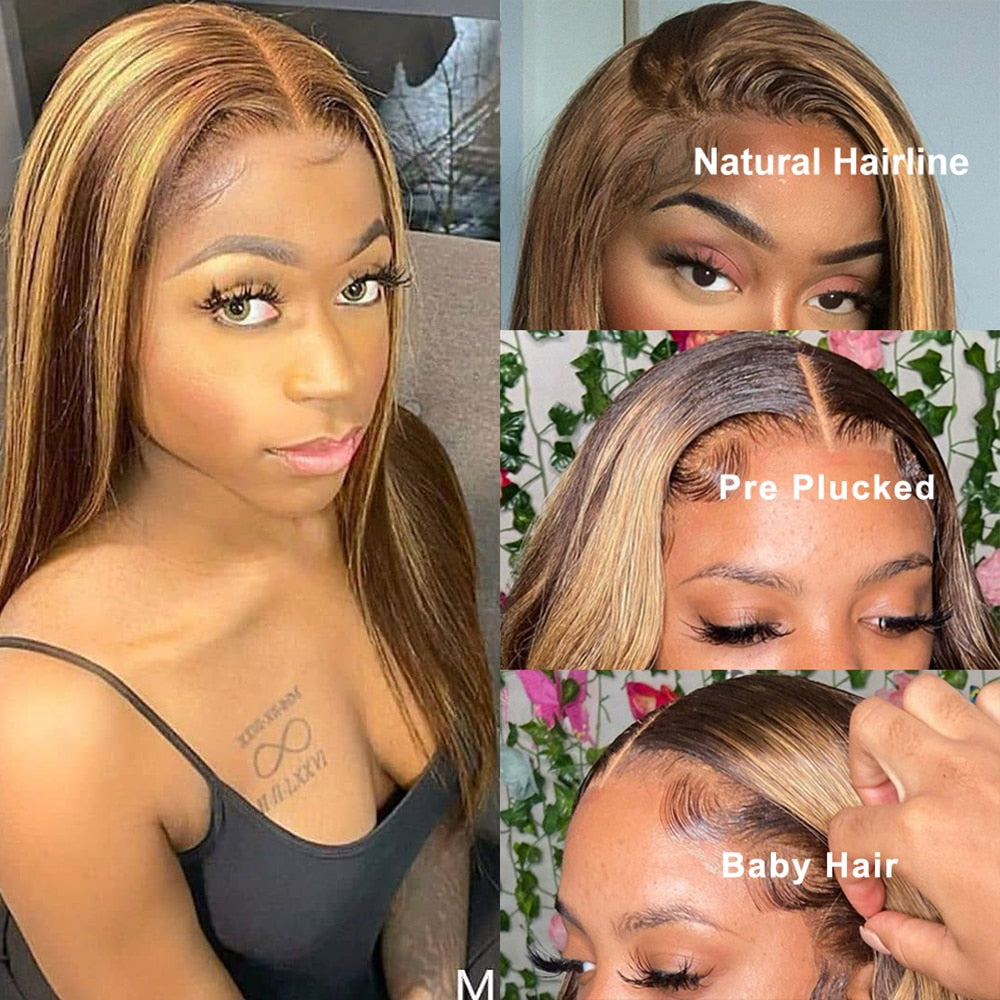 Brazilian Bone Straight Highlight Human Hair Hd 13x1 Full Lace Frontal Wigs 30 Inch