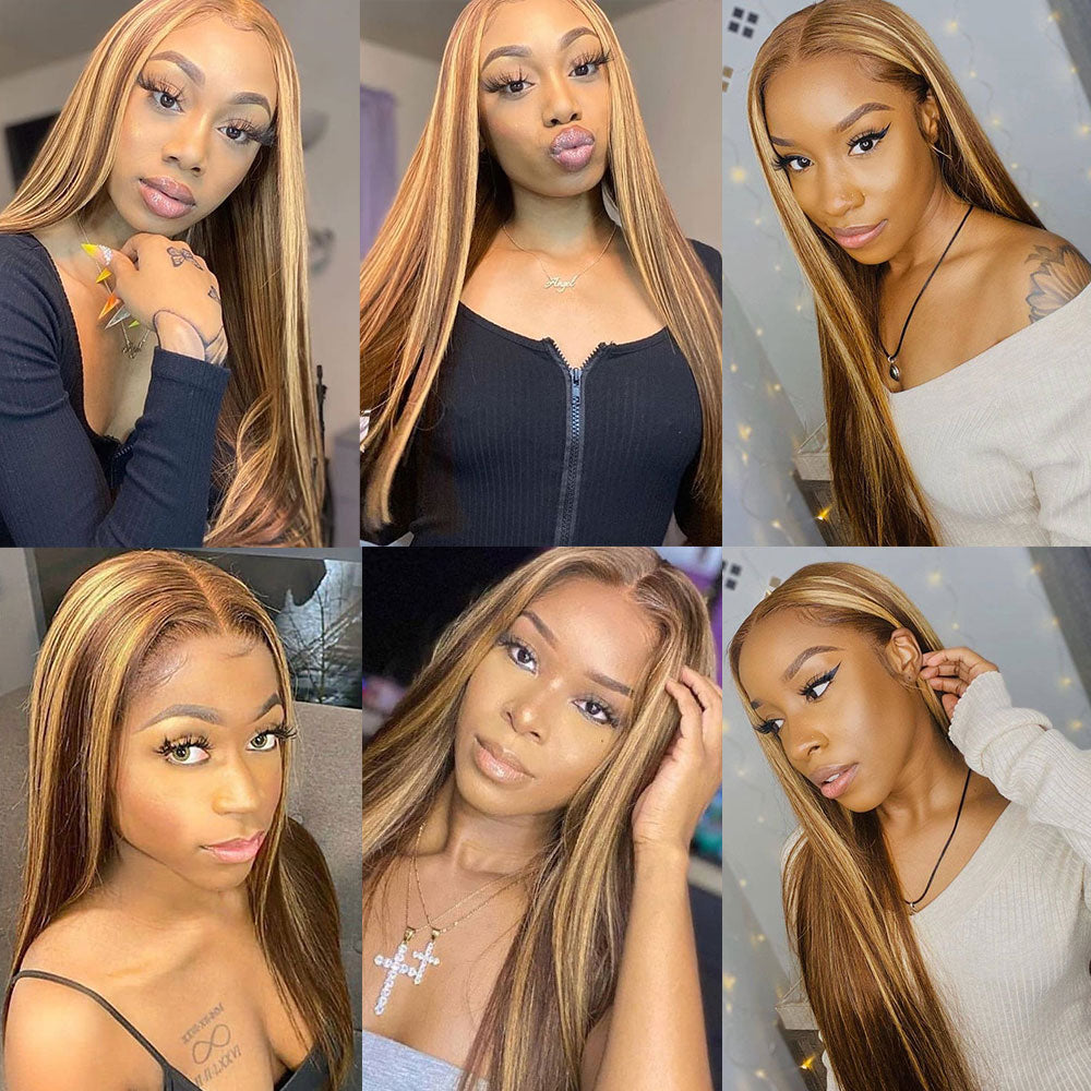 Brazilian Bone Straight Highlight Human Hair Hd 13x1 Full Lace Frontal Wigs 30 Inch