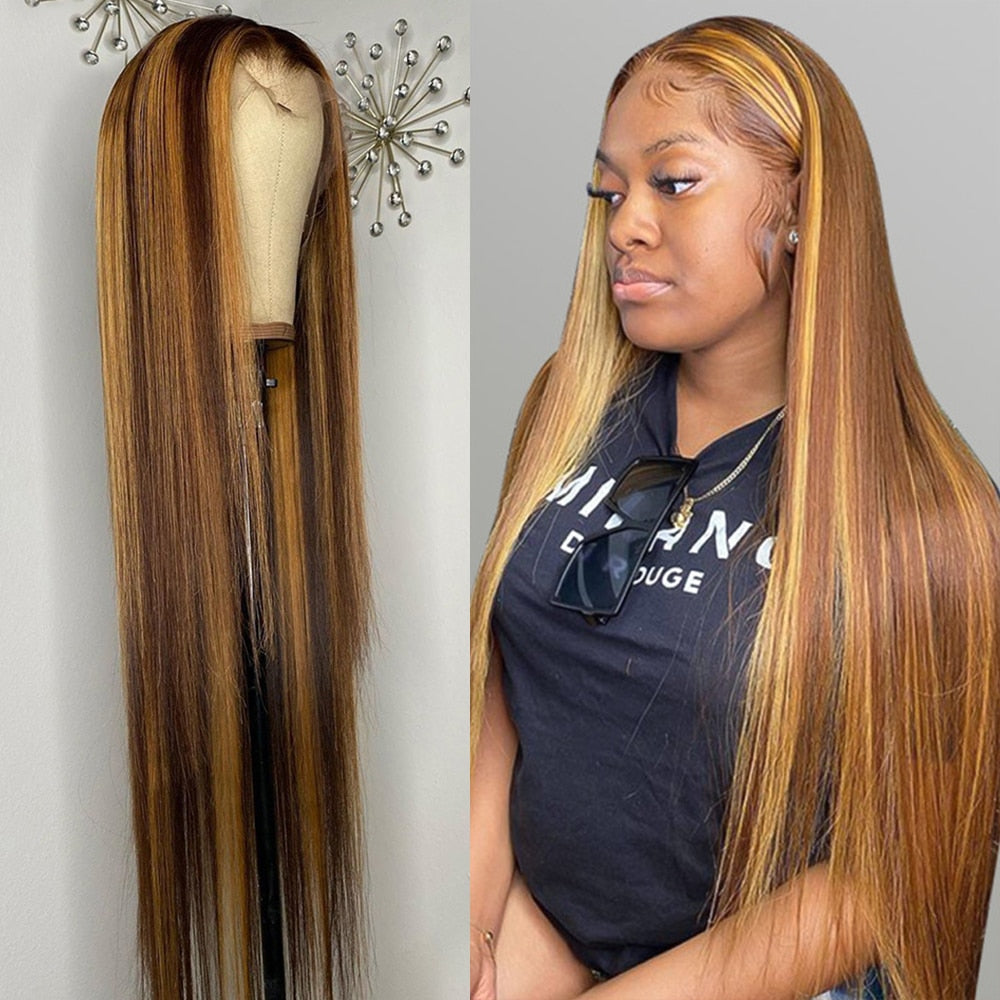 Brazilian Bone Straight Highlight Human Hair Hd 13x1 Full Lace Frontal Wigs 30 Inch