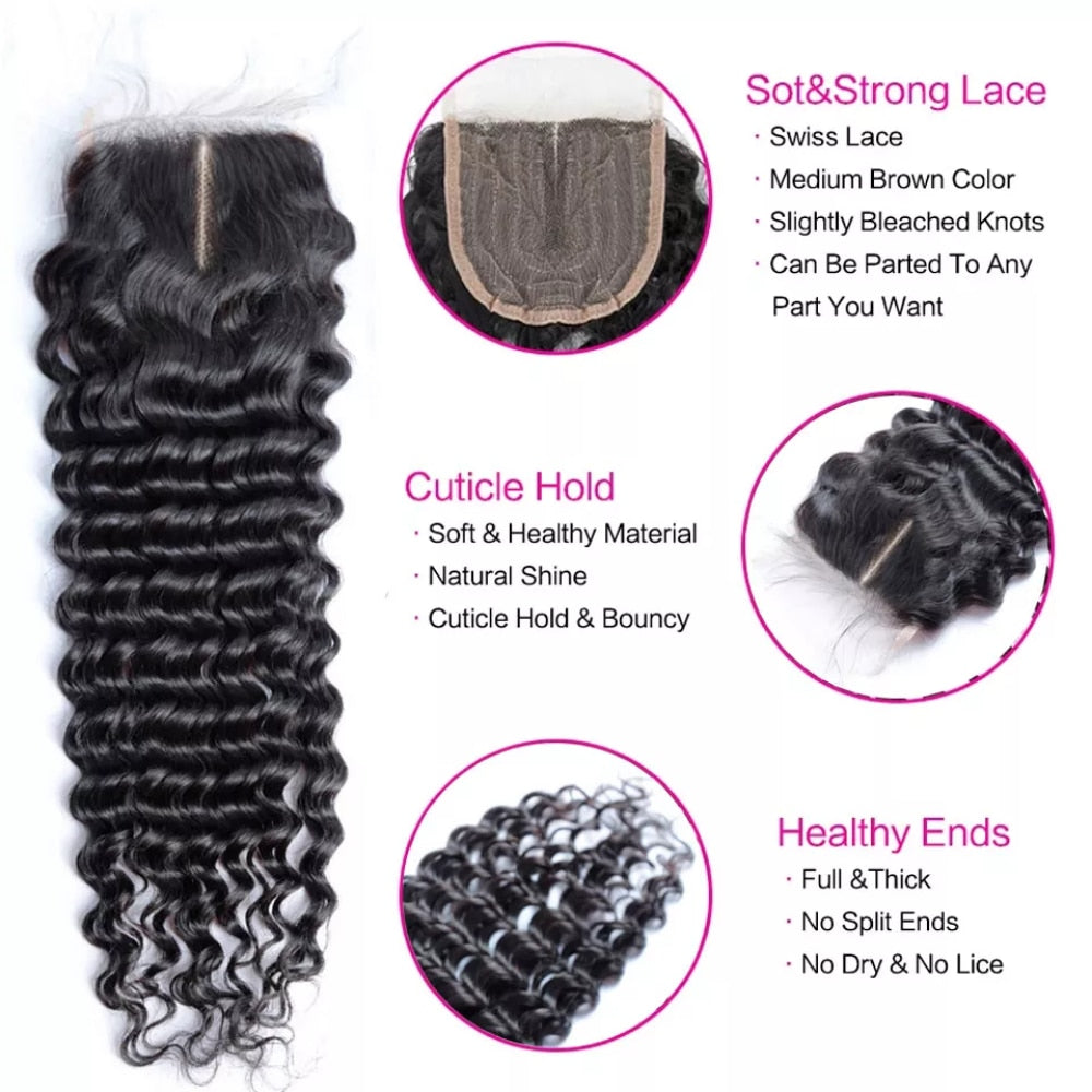 Brazilian Deep Wave Human Hair Bundles With HD 4x4 T Part Lace Closure