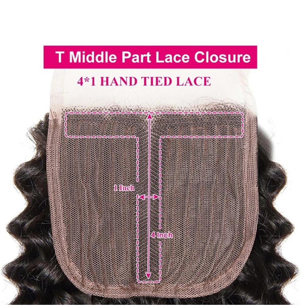 Brazilian Deep Wave Human Hair Bundles With HD 4x4 T Part Lace Closure