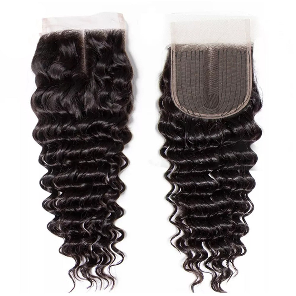 Brazilian Deep Wave Human Hair Bundles With HD 4x4 T Part Lace Closure