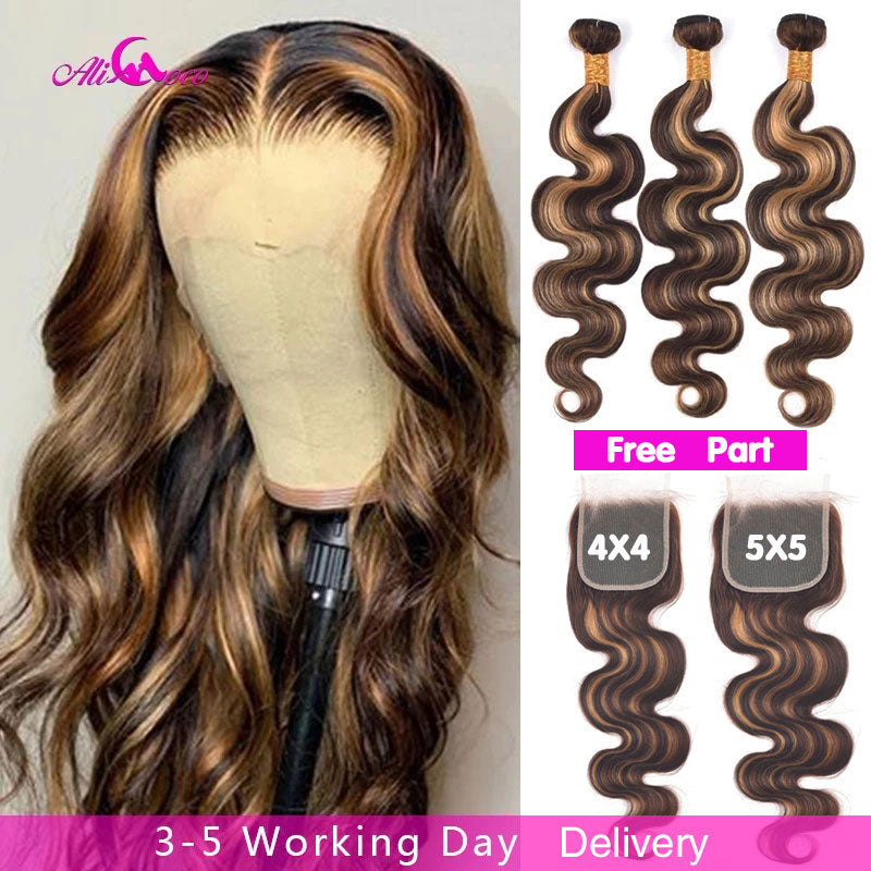 Highlight Brazilian Body Wave Ombre Remy Human Hair 5x5 Closure Bundles