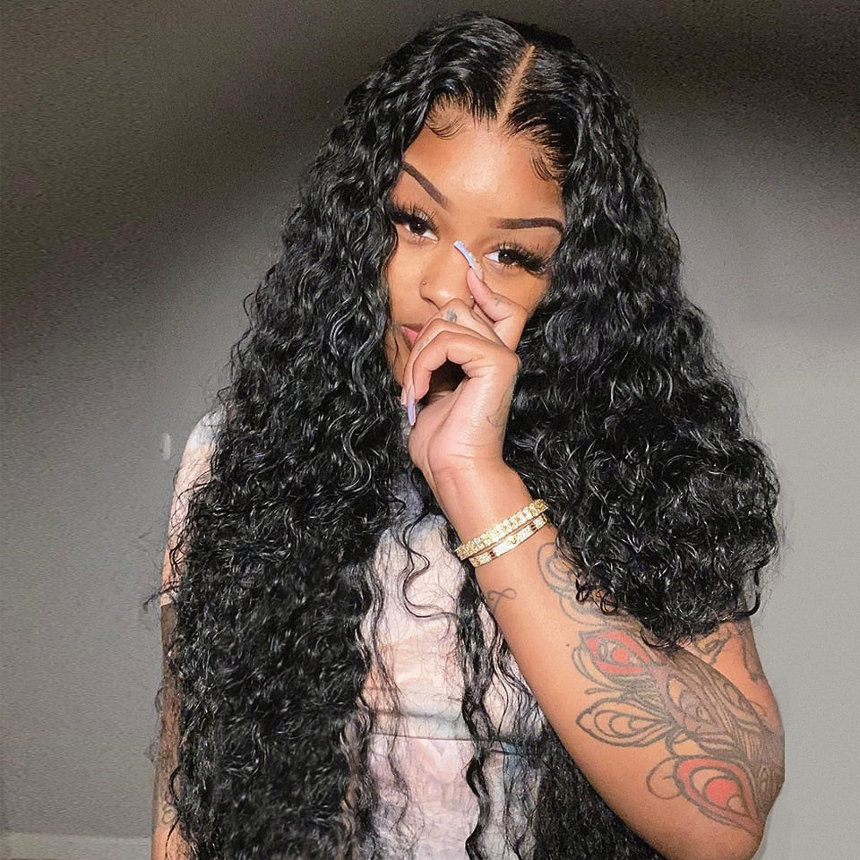 Brazilian Deep Wave Human Hair 13x4 Full Transparent HD Lace Frontal Wig 30 40 Inch 180% Density