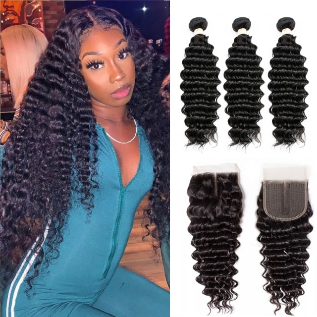 Brazilian Deep Wave Human Hair Bundles With HD 4x4 T Part Lace Closure