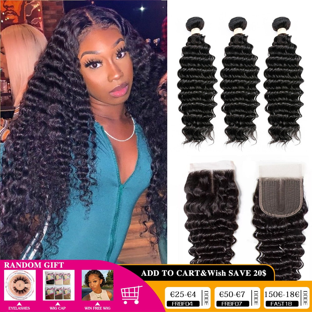 Brazilian Deep Wave Human Hair Bundles With HD 4x4 T Part Lace Closure