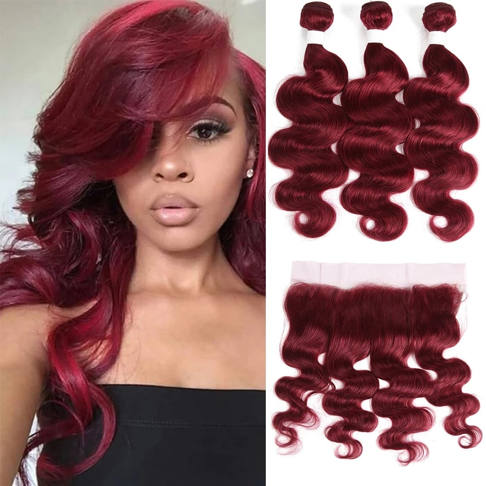 Burgundy Brazilian Body Wave Remy Human Hair Bundles With 13x4 Lace Frontal Closure